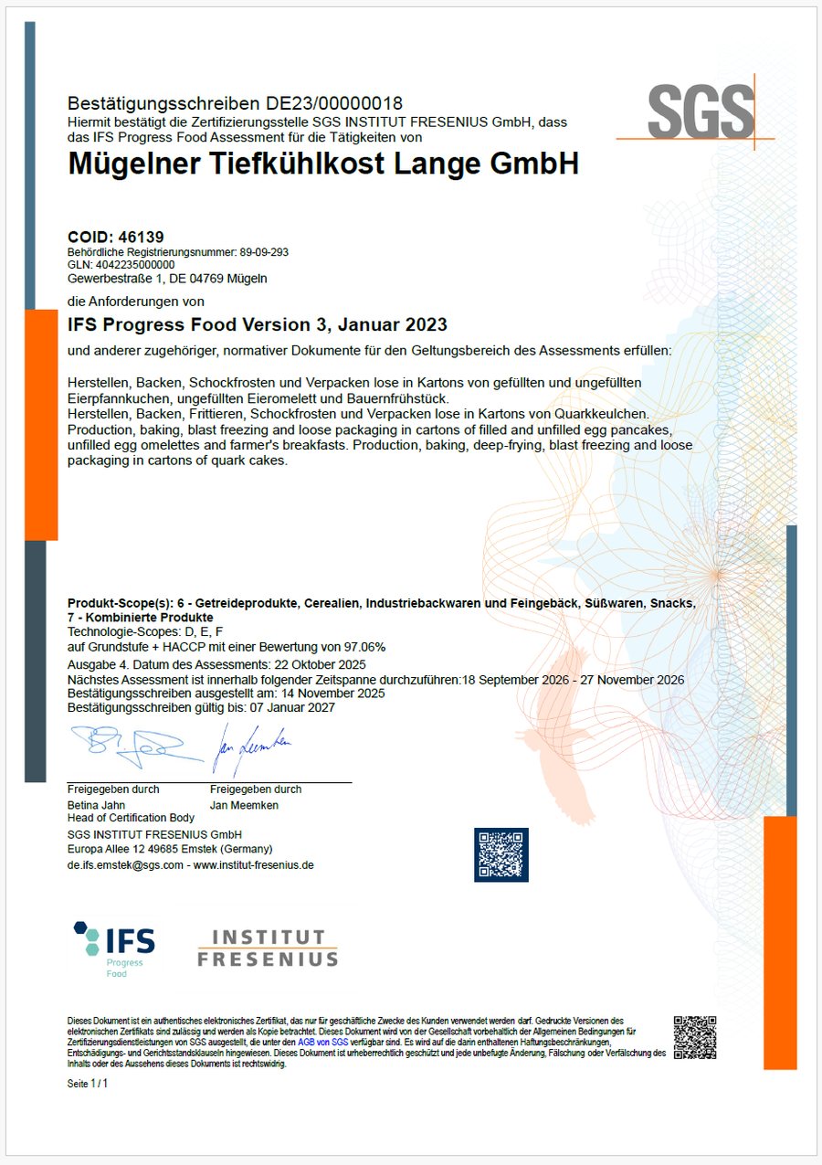 Bestätigungsschreiben zur Zertifizierung der Mügelner Tiefkühlkost Lange GmbH